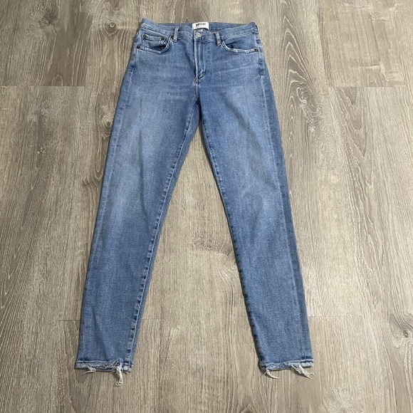 AGOLDE Denim - AGOLDE Sophie Crop Mid Rise Jean With Chewed Hem Womens 27 Blue Stretch Denim